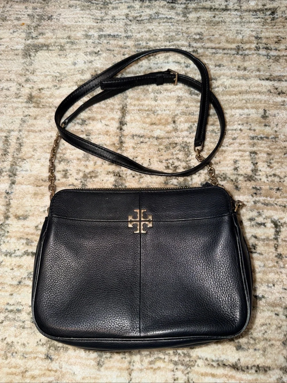 Tory Burch Black Pebbled Leather Logo Crossbody with Gold Hardware